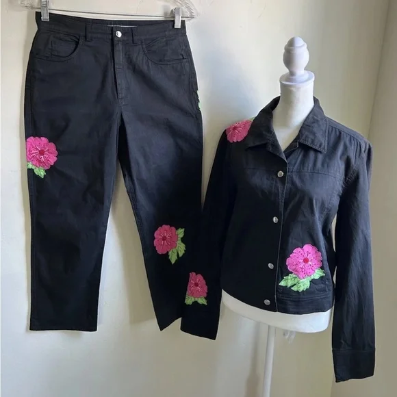 Vintage ESCADA Floral Embroidered Beaded Black Jacket + straight leg Pant SET 34